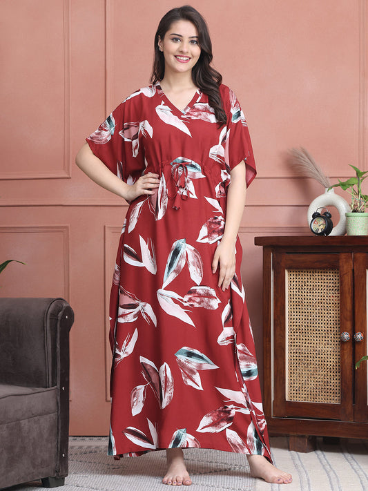 Red Colour Abstract Printed Viscose Rayon Kaftan For Women