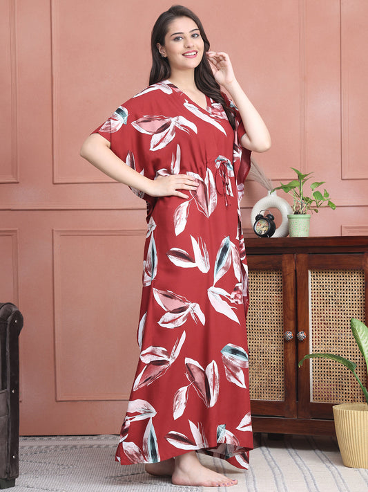 Red Colour Abstract Printed Viscose Rayon Kaftan For Women