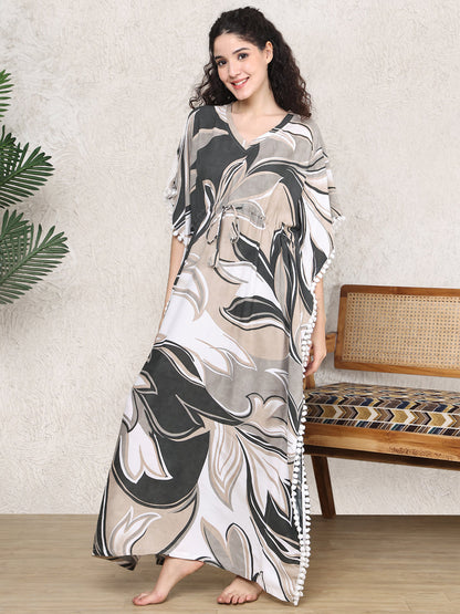 Brown Abstract Printed Kaftan Maxi Nightdress For Women