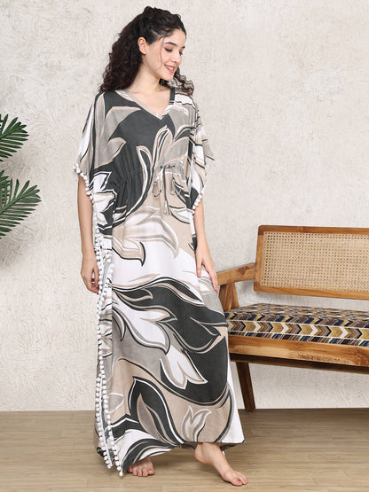 Brown Abstract Printed Kaftan Maxi Nightdress For Women