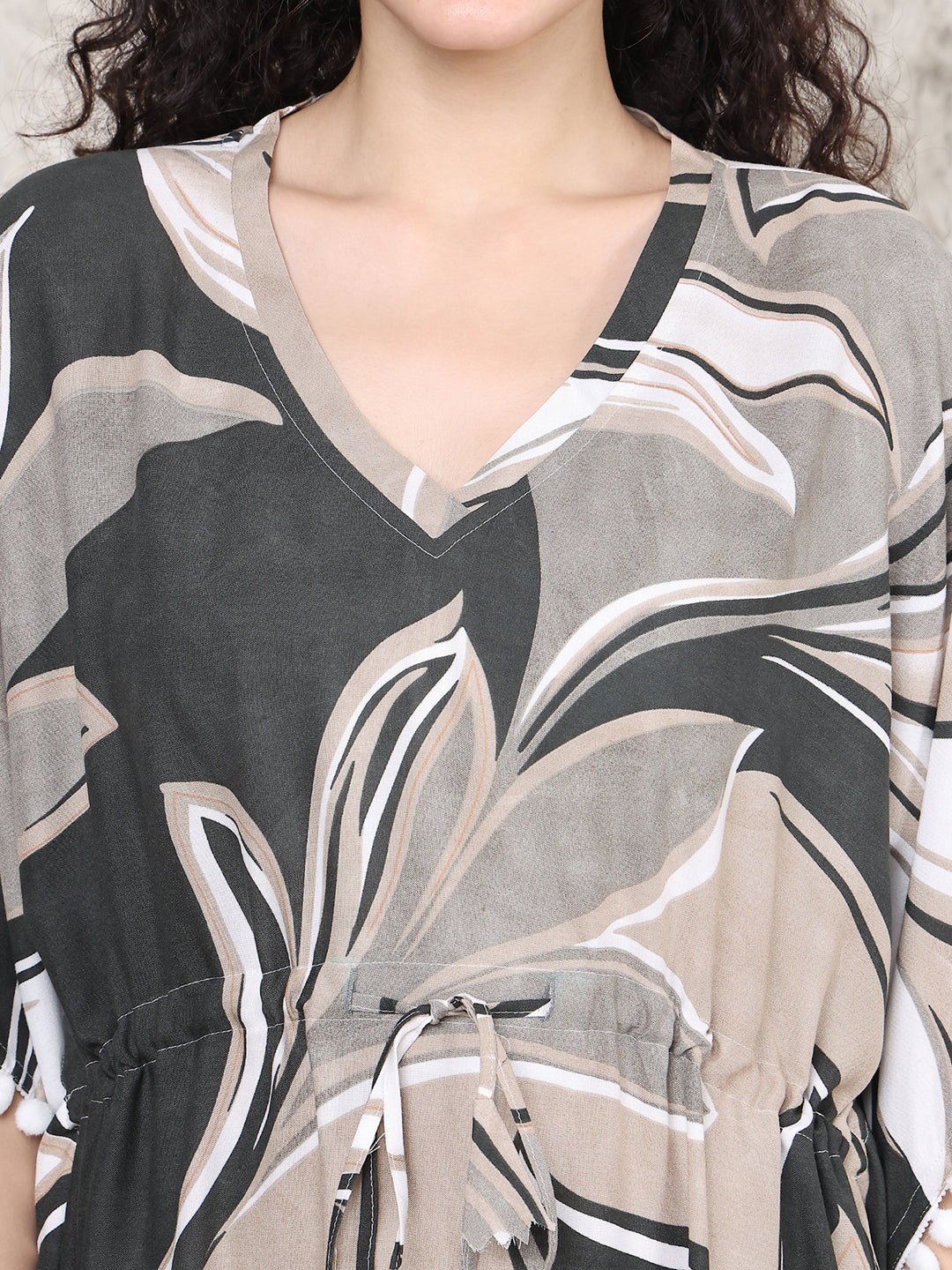 Brown Abstract Printed Kaftan Maxi Nightdress For Women