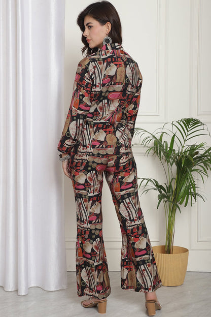 Black Abstract Printed Premium Chanderi Top with Palazzo & Jacket Co-ord Set