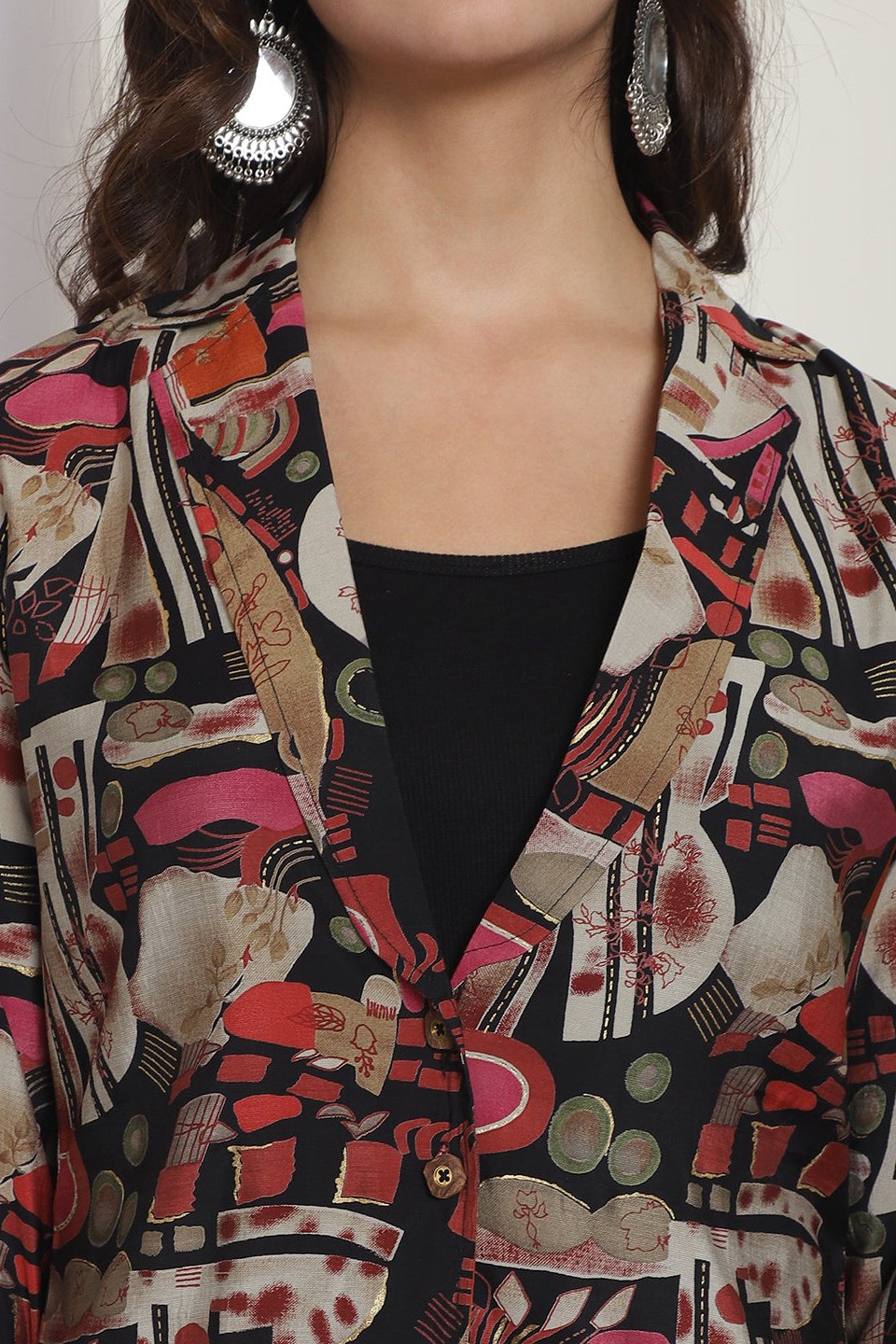 Black Abstract Printed Premium Chanderi Top with Palazzo & Jacket Co-ord Set