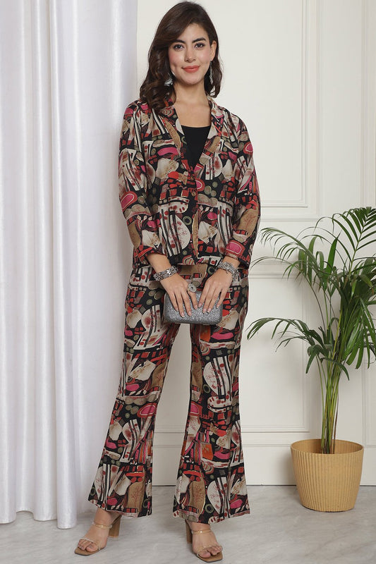 Black Abstract Printed Premium Chanderi Top with Palazzo & Jacket Co-ord Set