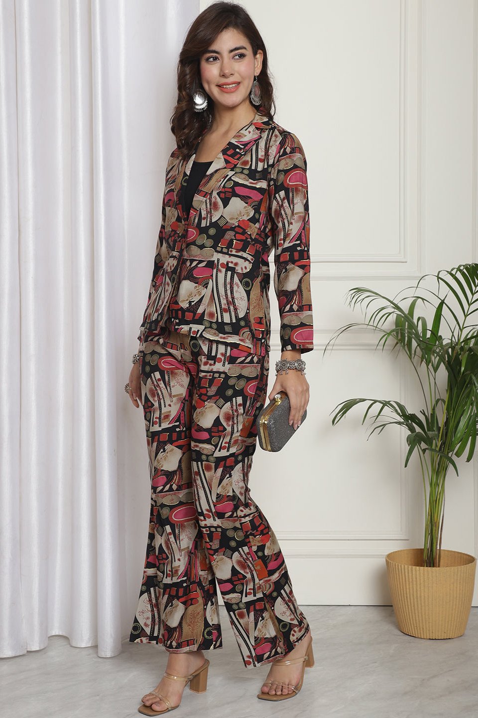 Black Abstract Printed Premium Chanderi Top with Palazzo & Jacket Co-ord Set