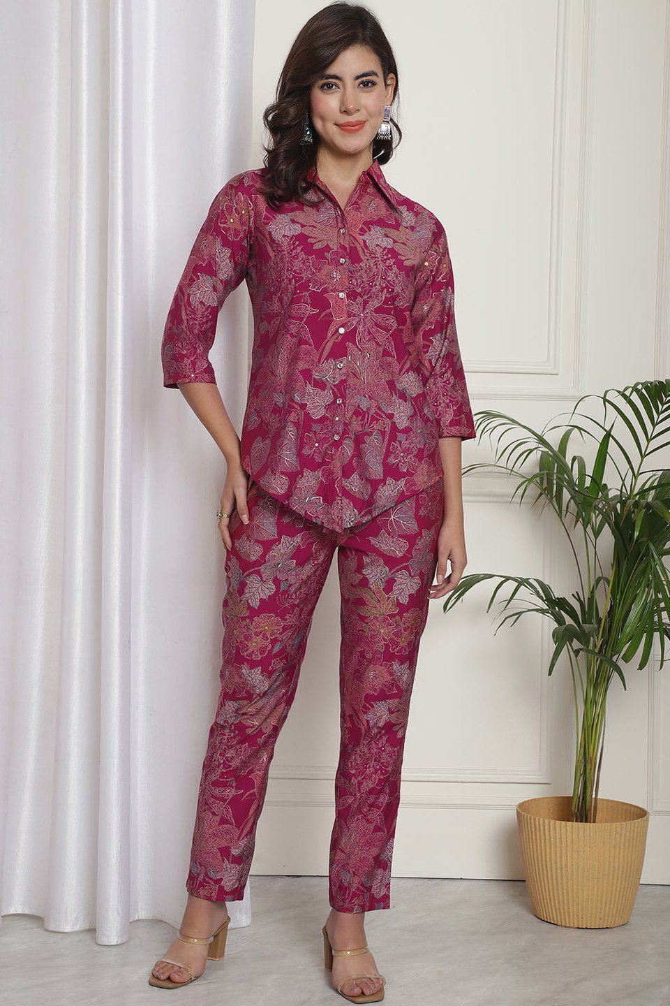 Pink Floral Printed Chanderi Silk Co-Ord Set for Women