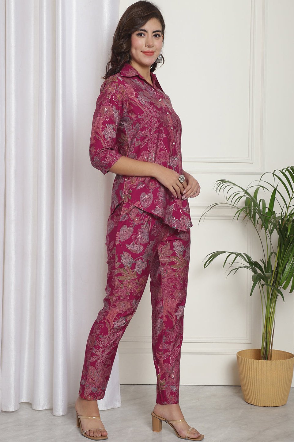 Pink Floral Printed Chanderi Silk Co-Ord Set for Women