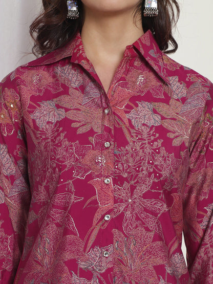 Pink Floral Printed Chanderi Silk Co-Ord Set for Women