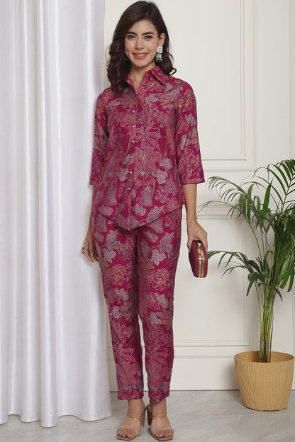 Pink Floral Printed Chanderi Silk Co-Ord Set for Women