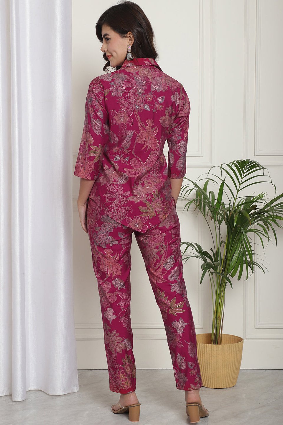 Pink Floral Printed Chanderi Silk Co-Ord Set for Women