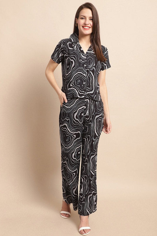 Black Abstract Printed Viscose Rayon Co-Ord Set for Women