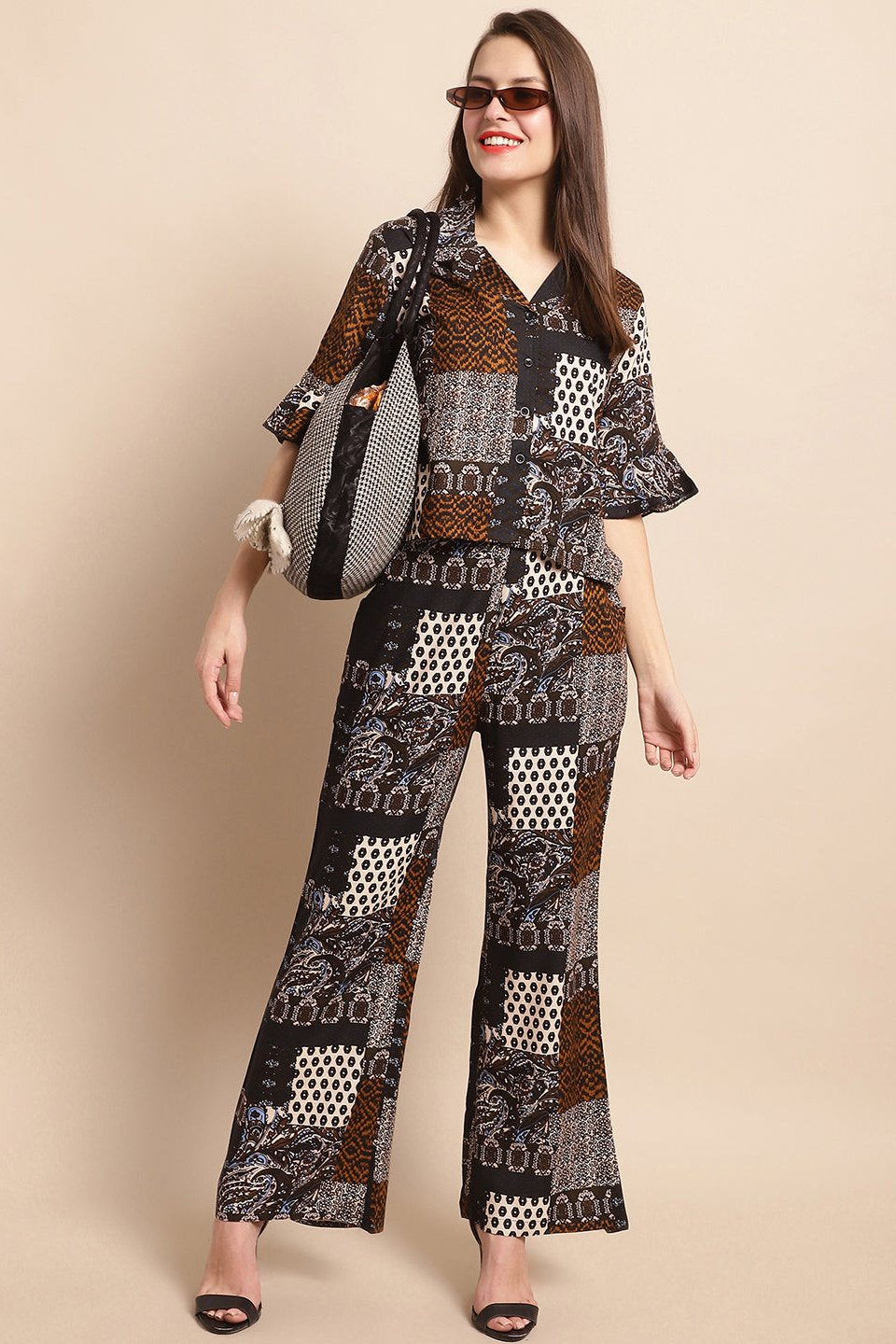 Black & White Abstract Printed Viscose Rayon Co-Ord Set for Women