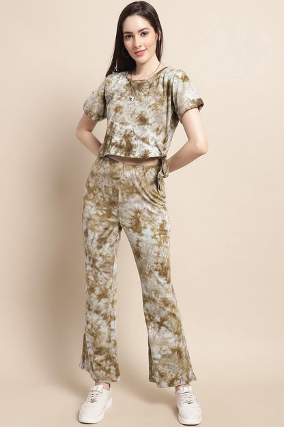 Brown Tie-Dye Printed Cotton Co-Ord Set for Women