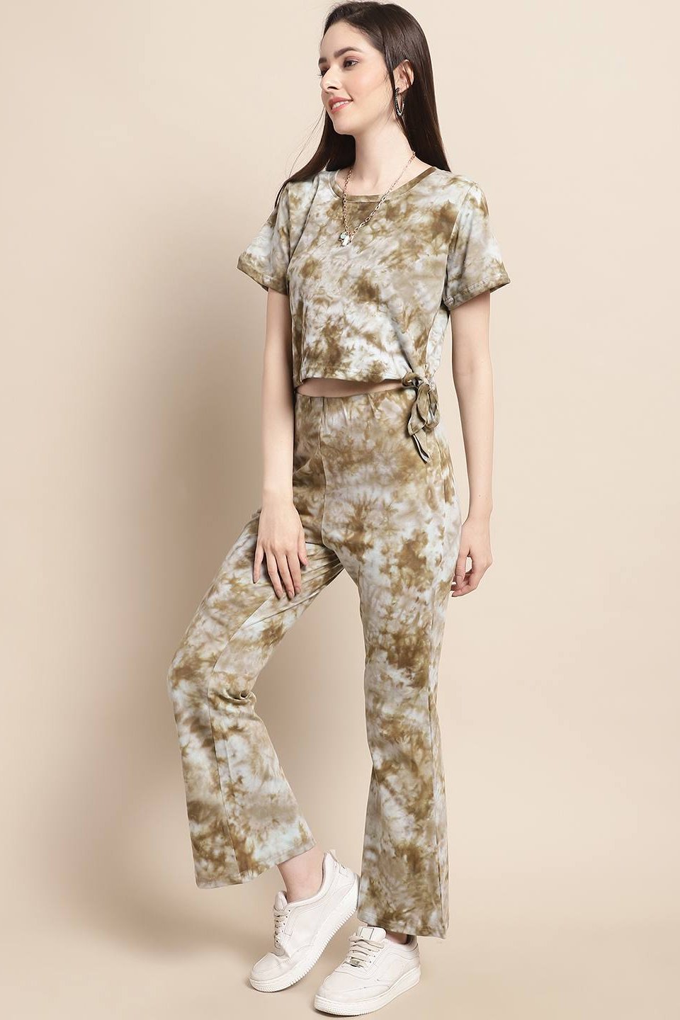 Brown Tie-Dye Printed Cotton Co-Ord Set for Women