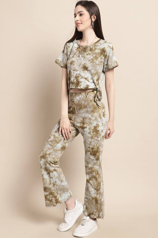 Brown Tie-Dye Printed Cotton Co-Ord Set for Women