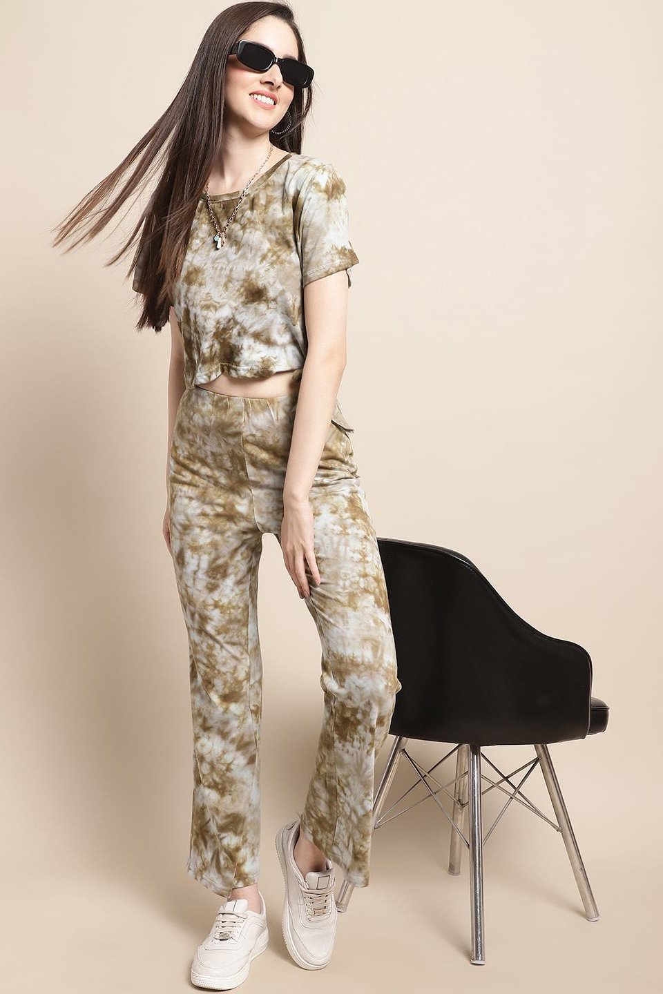 Brown Tie-Dye Printed Cotton Co-Ord Set for Women