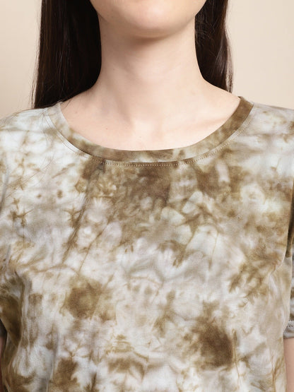 Brown Tie-Dye Printed Cotton Co-Ord Set for Women