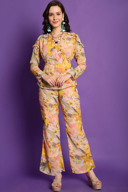 Yellow Floral Printed Georgette Top with Palazzo Co-Ord Set for Women