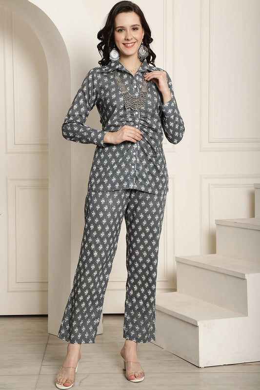 Grey Floral Printed Cotton Shirt with Trousers Co-Ord Set for Women