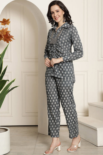 Grey Floral Printed Cotton Shirt with Trousers Co-Ord Set for Women