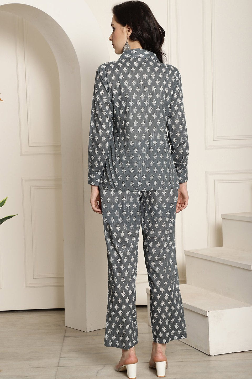 Grey Floral Printed Cotton Shirt with Trousers Co-Ord Set for Women