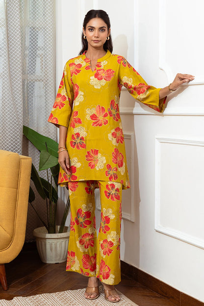 Mustard Color Floral Printed Chanderi Premium Co-ord Set