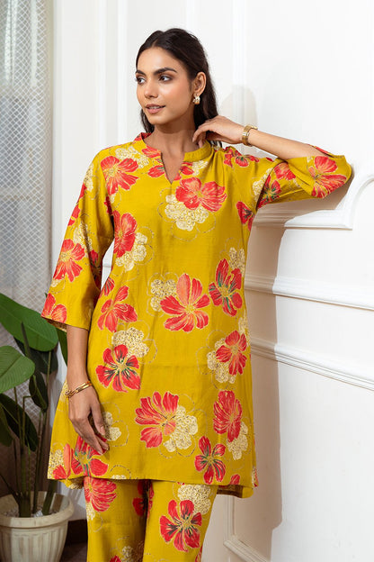 Mustard Color Floral Printed Chanderi Premium Co-ord Set