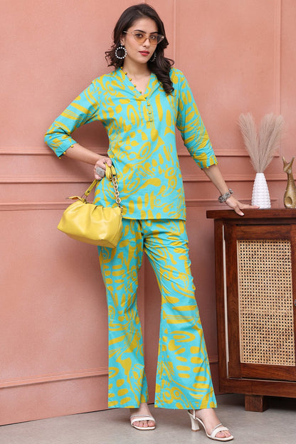 Blue Color Abstract Printed Cotton Co-ord Set