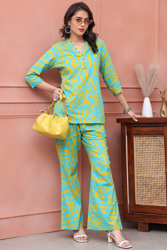 Blue Color Abstract Printed Cotton Co-ord Set