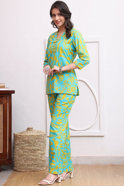 Blue Color Abstract Printed Cotton Co-ord Set