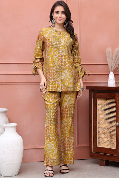 Mustard Abstract Printed Premium Chanderi Co-Ord Set for Women