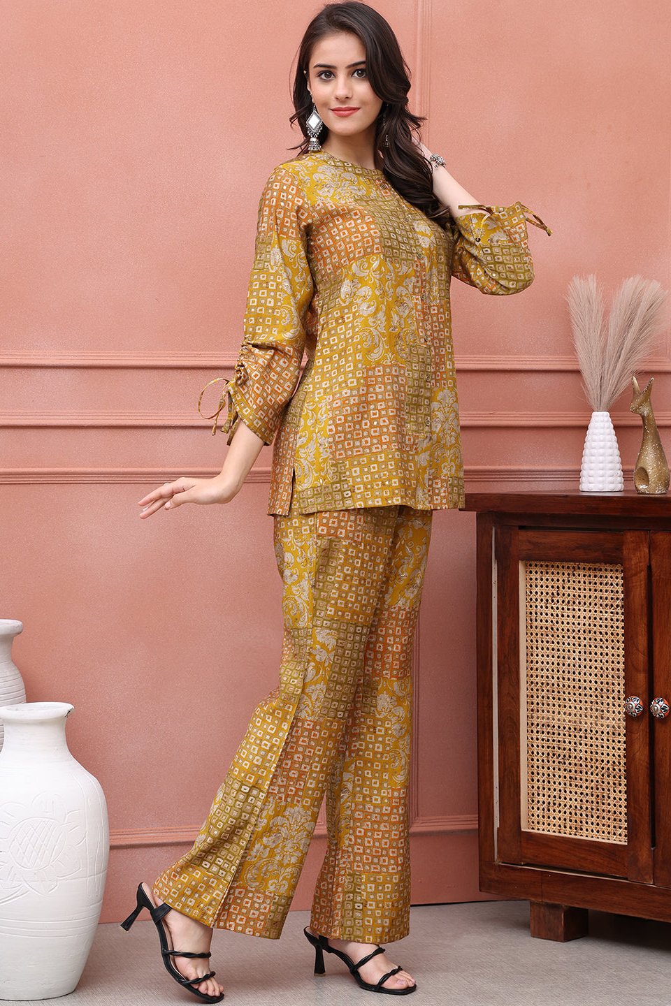 Mustard Abstract Printed Premium Chanderi Co-Ord Set for Women