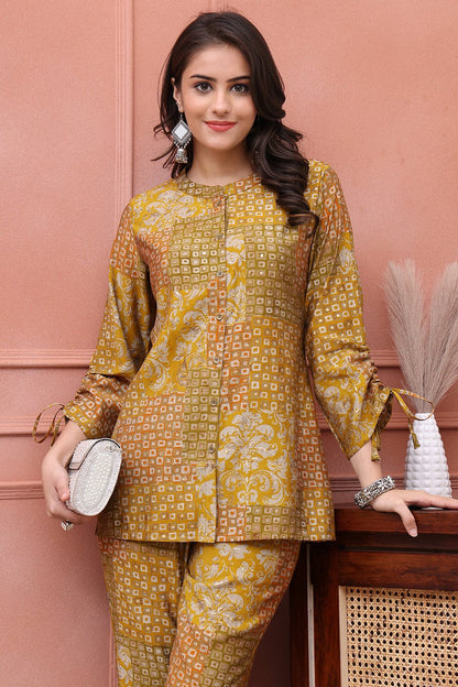 Mustard Abstract Printed Premium Chanderi Co-Ord Set for Women