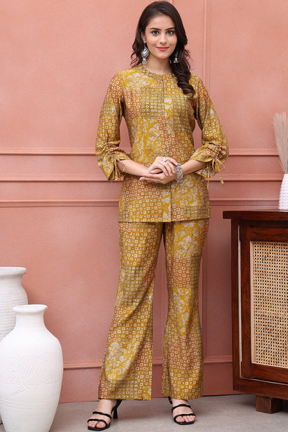Mustard Abstract Printed Premium Chanderi Co-Ord Set for Women