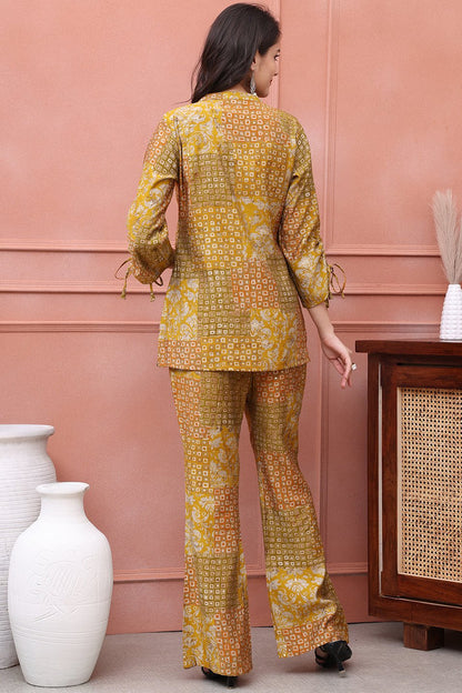 Mustard Abstract Printed Premium Chanderi Co-Ord Set for Women