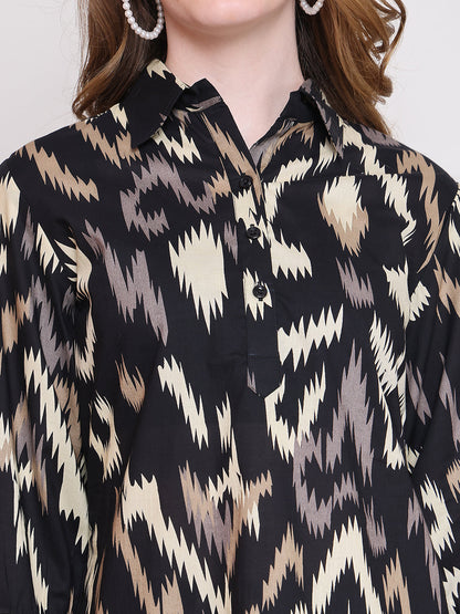 Black Abstract Printed Cotton Co-Ord Set for Women