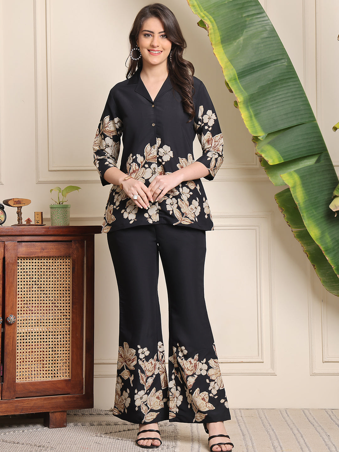 Black Floral Printed Premium Chanderi Co-Ord Set for Women