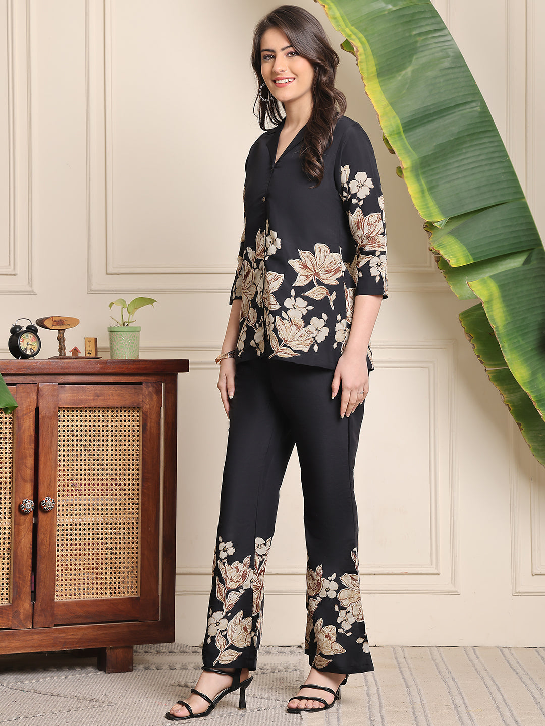 Black Floral Printed Premium Chanderi Co-Ord Set for Women