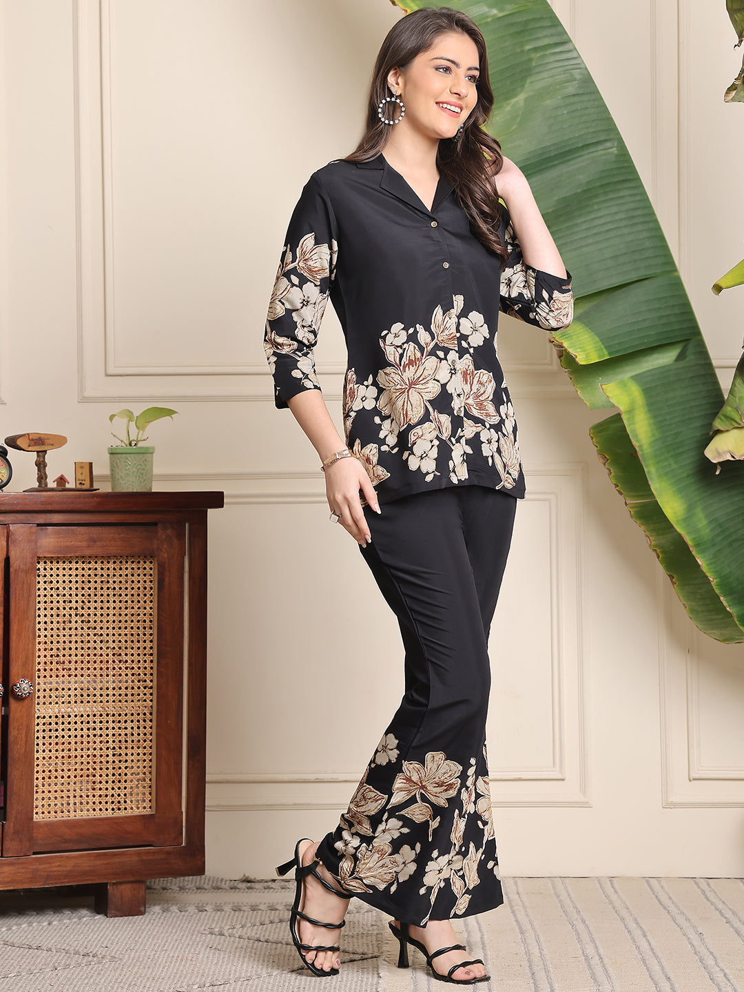 Black Floral Printed Premium Chanderi Co-Ord Set for Women