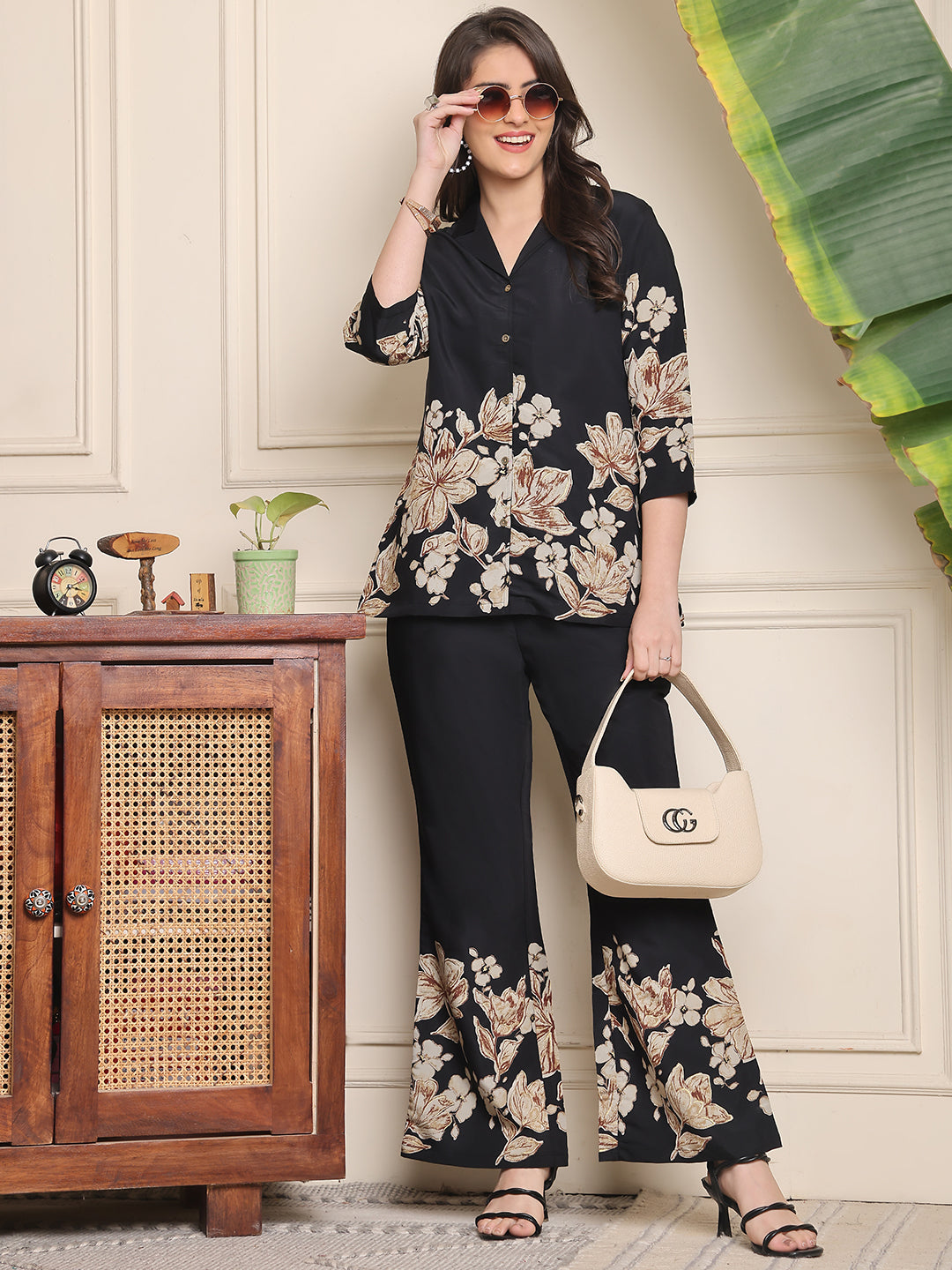 Black Floral Printed Premium Chanderi Co-Ord Set for Women