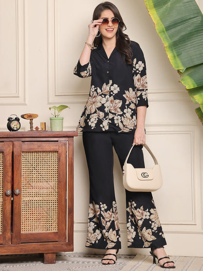 Black Floral Printed Premium Chanderi Co-Ord Set for Women