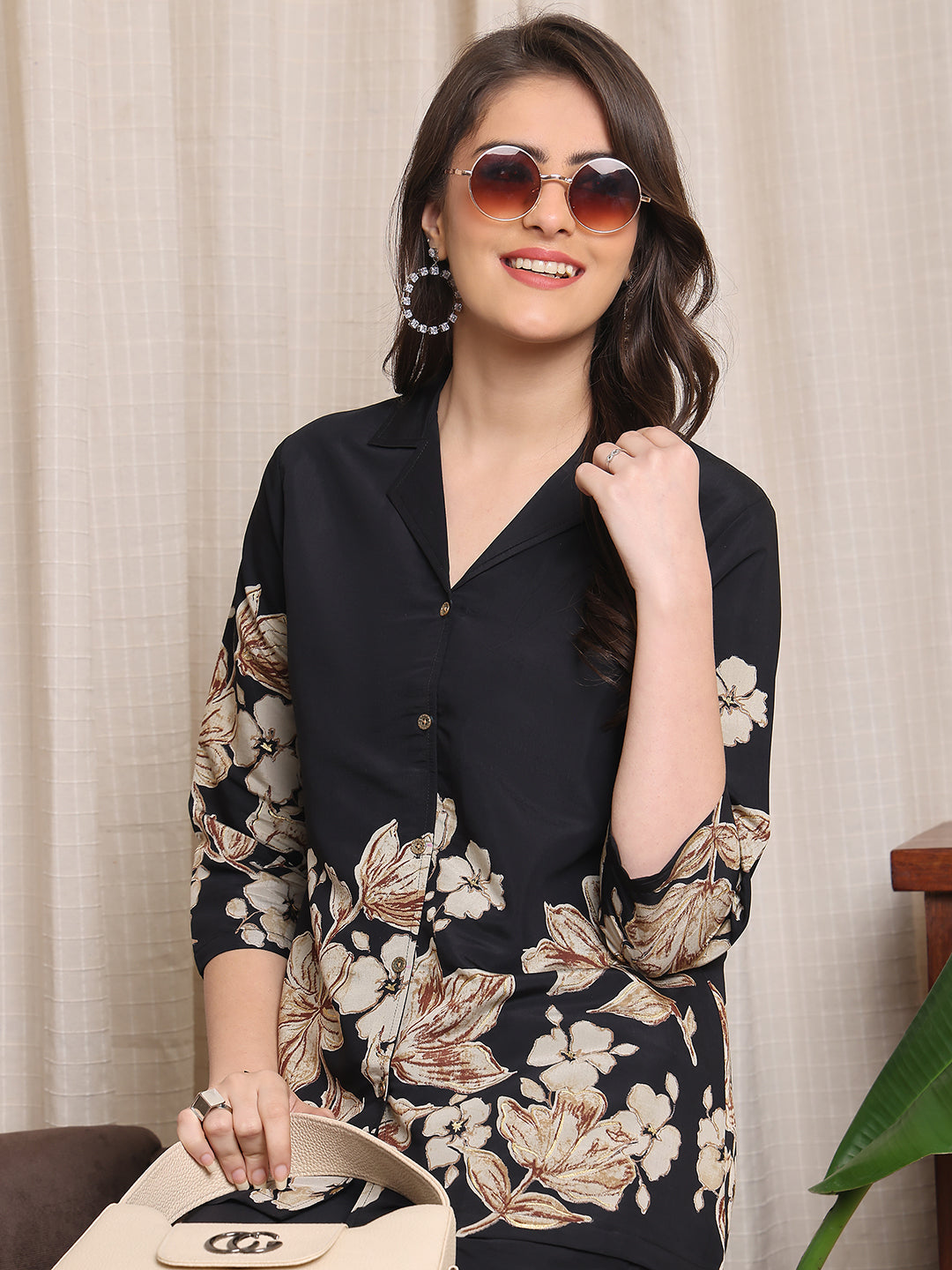 Black Floral Printed Premium Chanderi Co-Ord Set for Women