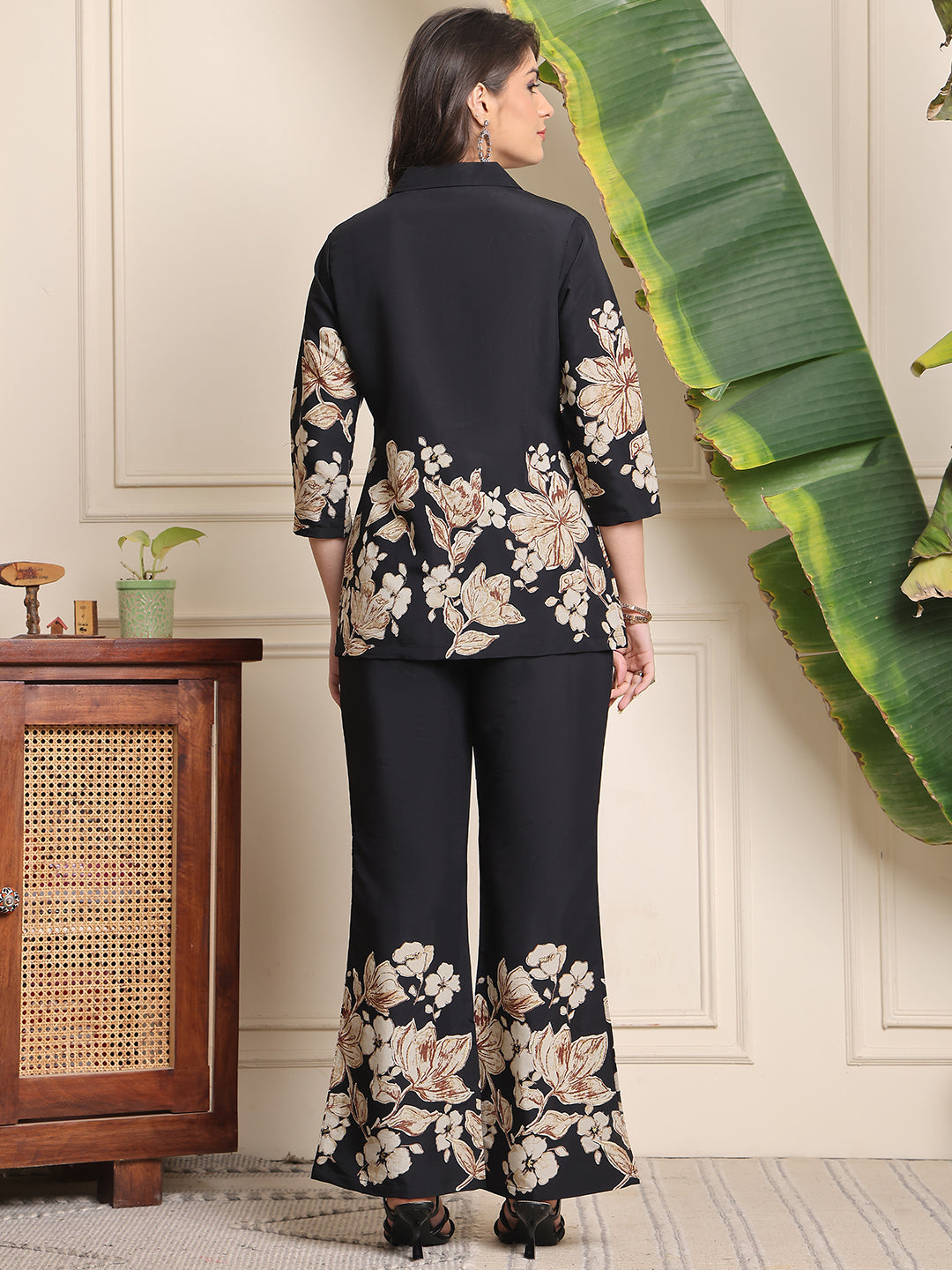 Black Floral Printed Premium Chanderi Co-Ord Set for Women