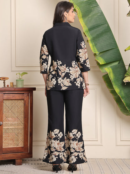 Black Floral Printed Premium Chanderi Co-Ord Set for Women