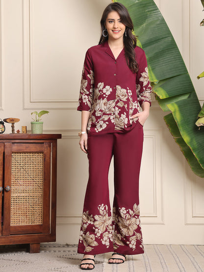 Wine Floral Printed Premium Chanderi Co-Ord Set for Women