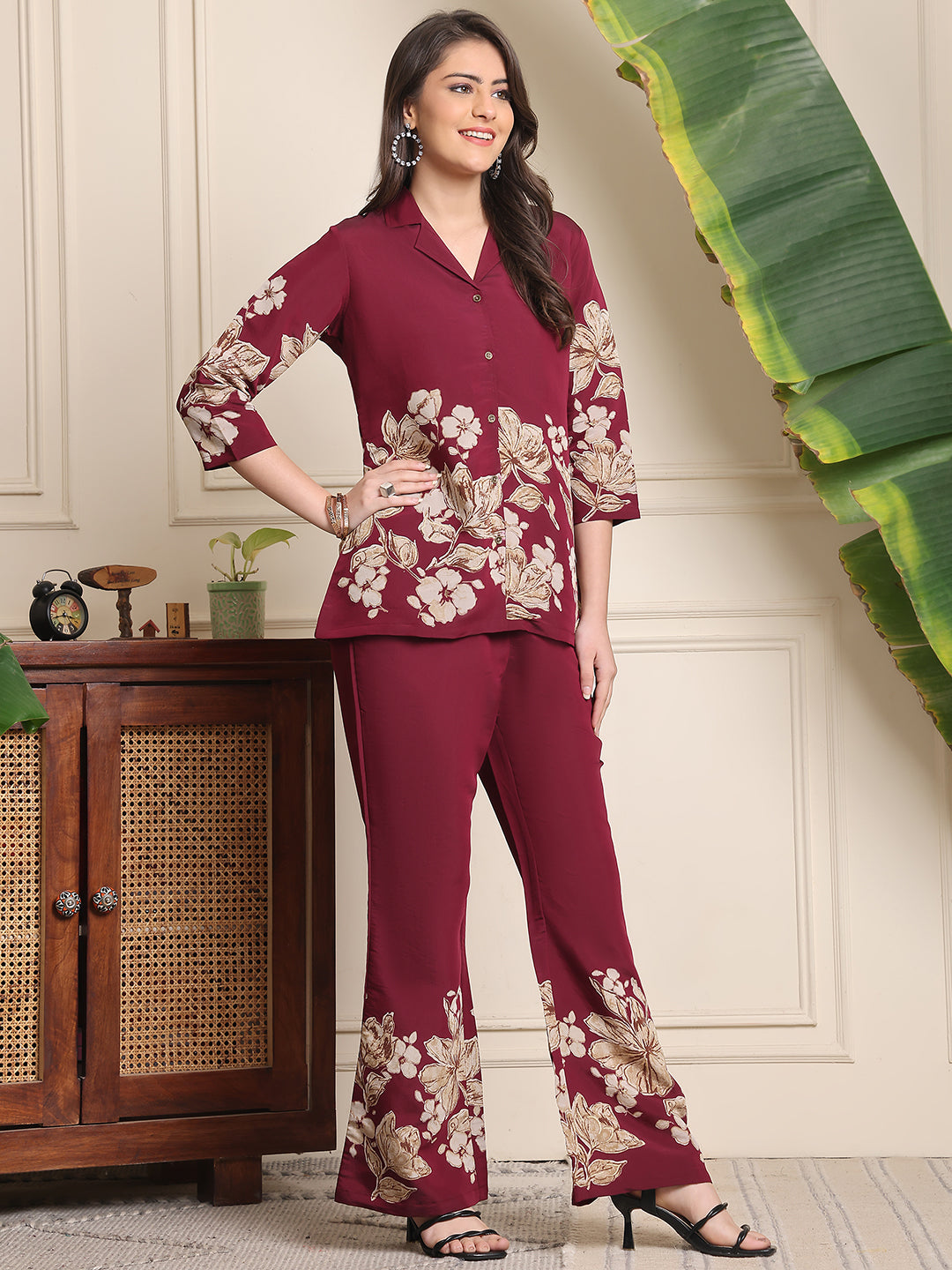 Wine Floral Printed Premium Chanderi Co-Ord Set for Women