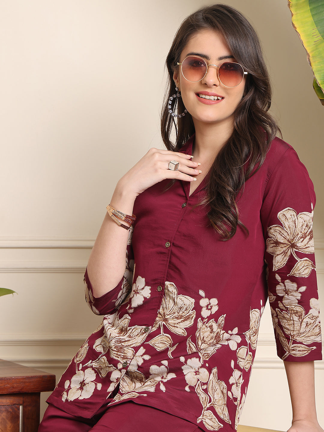 Wine Floral Printed Premium Chanderi Co-Ord Set for Women