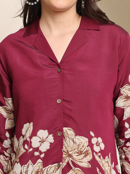 Wine Floral Printed Premium Chanderi Co-Ord Set for Women