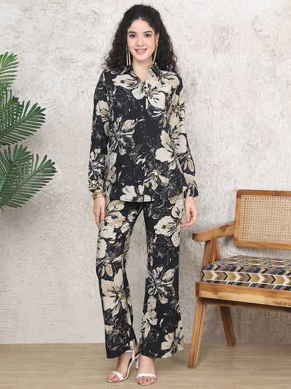 Black Colour Floral Printed Premium Chanderi Co-ord Set For Women