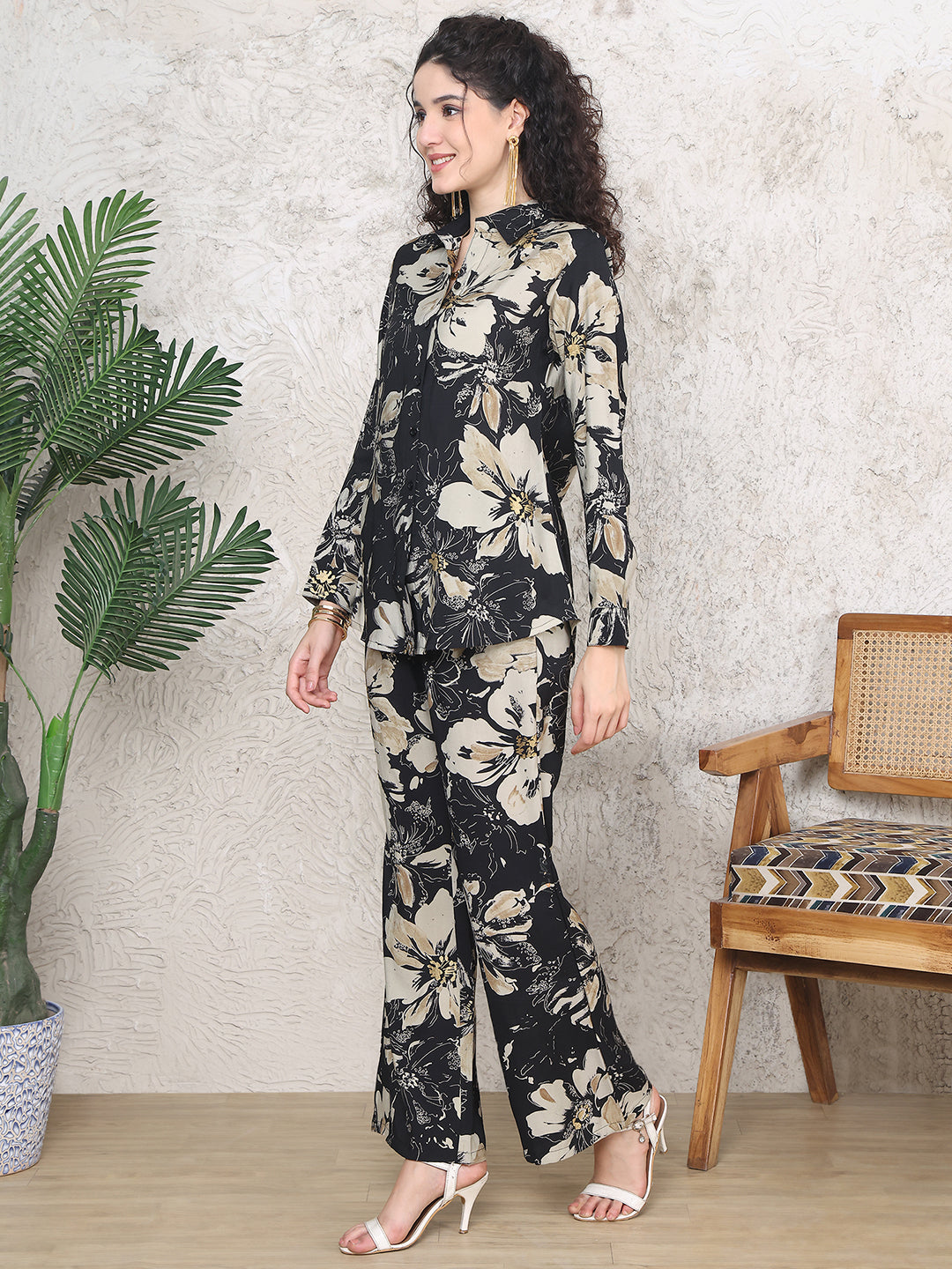 Black Colour Floral Printed Premium Chanderi Co-ord Set For Women